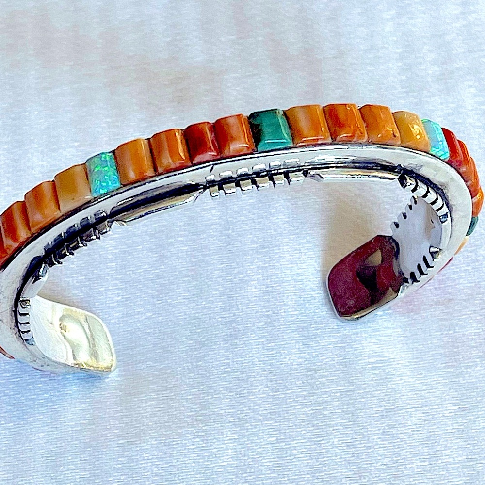 Spiny Oyster & Opal SIGNED NAVAJO STERLING Cuff Size 7.5 inches,